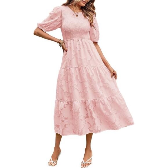 Dresses & Skirts - MEROKEETY Women's 2025 Summer Puff Sleeve Smocked Floral Dress Crewneck Lace